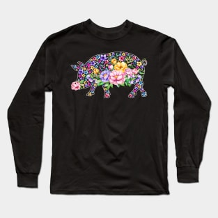 Pig Watercolor Floral Long Sleeve T-Shirt